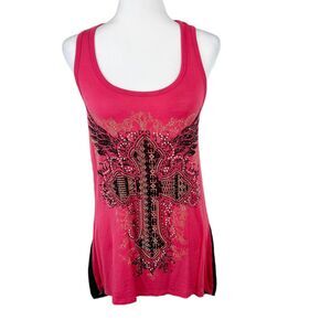 Edin Tank Top Women Medium Pink Black Cross Wings Embellish Racerback Mesh Back